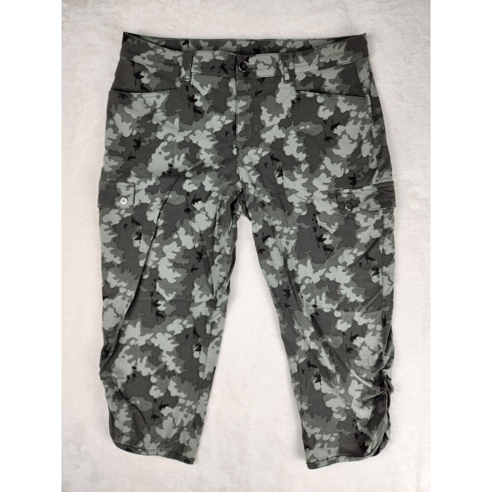 Eddie Bauer Womens Travex Pants Size 10 Green Camo Cropped Ruched Capri Athletic